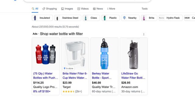 Screenshot of a Google search for water bottles with filters, without quotes in the search bar.