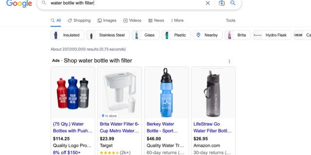 Screenshot of a Google search for water bottles with filters, without quotes in the search bar.