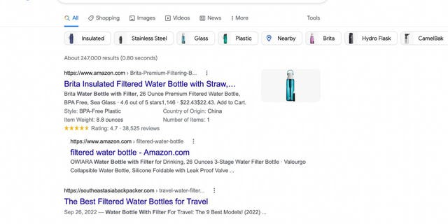 Screenshot of using quotes to search for water bottles on Google.