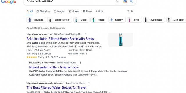 Screenshot of using quotes to search for water bottles on Google.