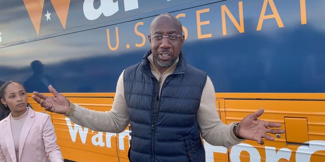 Sen. Raphael Warnock, D-Ga., speaks with Fox News Digital following a campaign rally in Tifton, Georgia, on November 29, 2022.