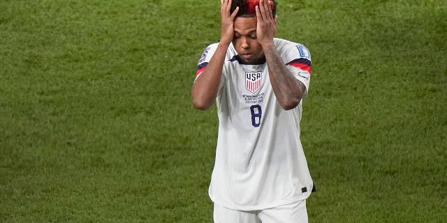 Weston McKennie of the United States leaves the pitch at the end of the World Cup round of 16 soccer match between the Netherlands and the United States, at the Khalifa International Stadium in Doha, Qatar, Saturday, Dec. 3, 2022.