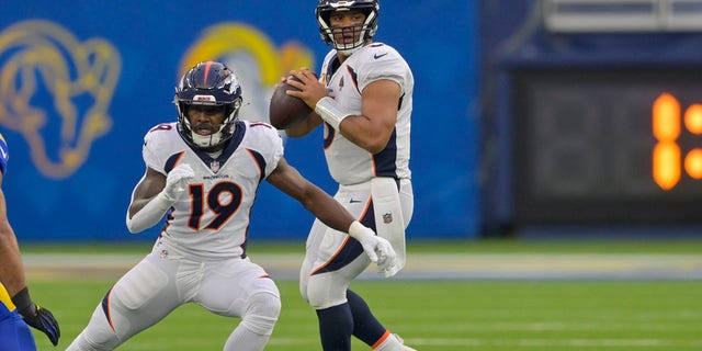 Russell Wilson, #3 of the Denver Broncos, looks to pass the ball during the second half of the game against the Los Angeles Rams at SoFi Stadium on Dec. 25, 2022 in Inglewood, California. 