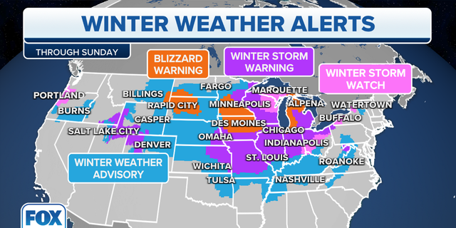 Areas where blizzard and other winter storm weather advisories are in effect Thursday.