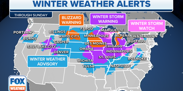 Areas where blizzard and other winter storm weather advisories are in effect Thursday.