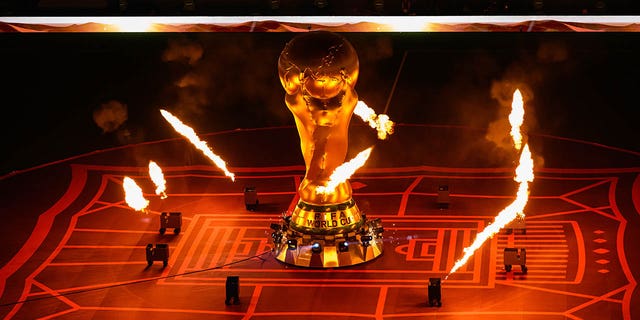 An overview of the pre-match ceremony with flags and World Cup trophy fireworks before the 2022 Qatar World Cup Group E match between Costa Rica and Germany at the Al Bayt Stadium on December 1, 2022 Qatar, Hall.