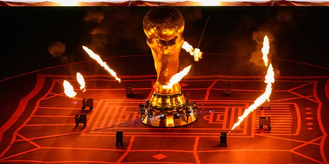 General view of the pre-match ceremony with tickets and a replica of the World Cup trophy with fireworks before the FIFA World Cup Qatar 2022 Group E match between Costa Rica and Germany at Al Bayt Stadium on December 1, 2022 in Al Khor, Qatar.