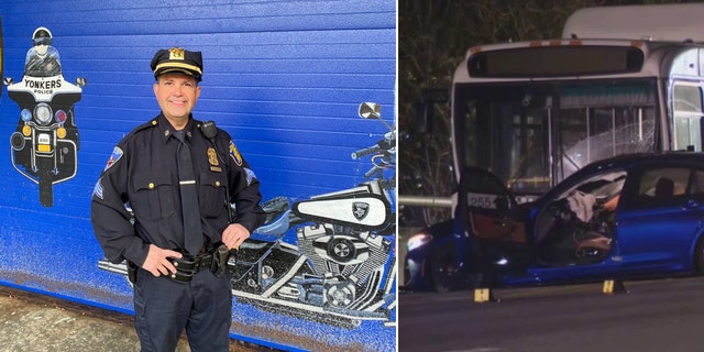 El sargento de policía de Yonkers.  Frank Gualdino murió cuando un BMW se estrelló de frente contra su auto de policía sin identificación el 1 de diciembre de 2022.