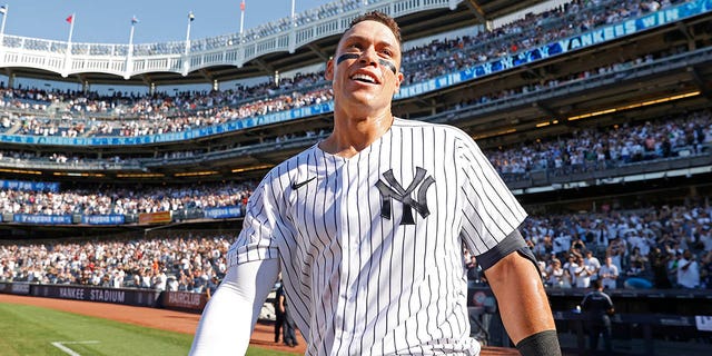 New York's Aaron Judge celebrates after hitting a three-run walk-off homer against the Houston Astros on June 26, 2022 at Yankee Stadium in the Bronx.