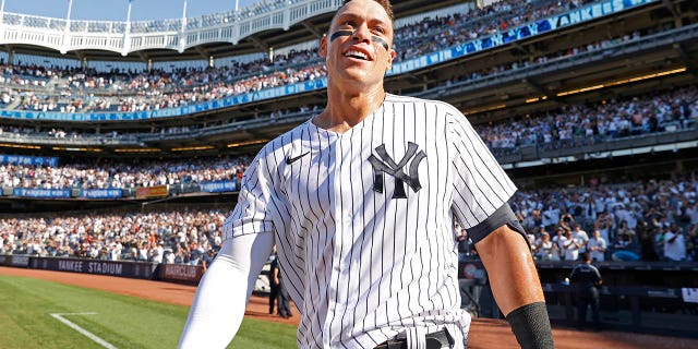 New York's Aaron Judge celebrates after hitting a walk-off, three-run homer against the Houston Astros at Yankee Stadium on June 26, 2022, in the Bronx.