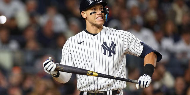 Aaron Judge reacts after striking out against the Houston Astros during the American League Championship Series at Yankee Stadium on October 22, 2022 in New York City.