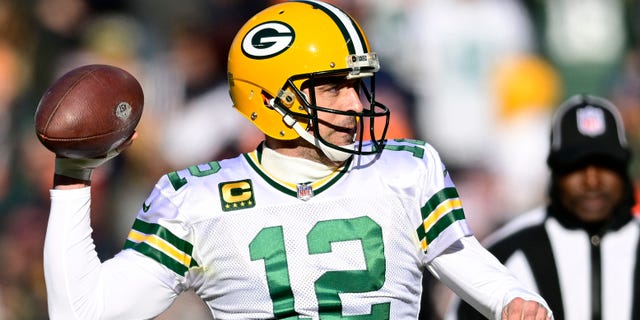 Aaron Rodgers of the Green Bay Packers passes the ball during the second quarter against the Chicago Bears at Soldier Field on Dec. 4, 2022, in Chicago.