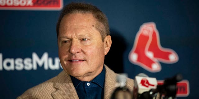 Agent Scott Boras speaks as Masataka Yoshida, #7 of the Boston Red Sox, is introduced during a press conference announcing his contract agreement with the team on December 15, 2022, at Fenway Park in Boston, Massachusetts.