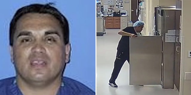 Dr. Raynaldo Rivera Ortiz Jr., left, and a screenshot from surveillance footage where he's allegedly tampering with IV bags that poisoned patients.