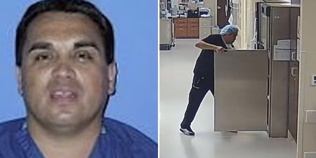 Dr. Raynaldo Rivera Ortiz Jr., left, and a screenshot from surveillance footage where he's allegedly tampering with IV bags that poisoned patients.