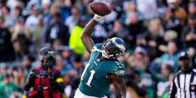A.J. Brown of the Philadelphia Eagles celebrates after scoring a touchdown in the second quarter of a game against the Tennessee Titans at Lincoln Financial Field, Dec. 4, 2022, in Philadelphia.
