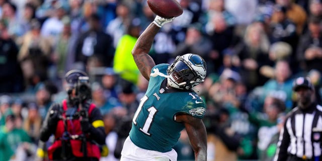 A.J. Brown of the Philadelphia Eagles celebrates after scoring a touchdown in the second quarter of a game against the Tennessee Titans at Lincoln Financial Field, Dec. 4, 2022, in Philadelphia.