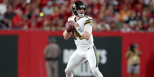 Andy Dalton #14 of the New Orleans Saints looks to throw a pass against the Tampa Bay Buccaneers during the second quarter in the game at Raymond James Stadium on December 05, 2022 in Tampa, Florida.