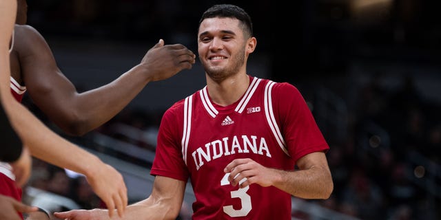 Indiana Hoosiers guard Anthony Leal (3) walks on the sidelines during the mens college basketball game between the Indiana Hoosiers and Notre Dame Fighting Irish on December 18, 2021, at Gainbridge Fieldhouse in Indianapolis, IN.