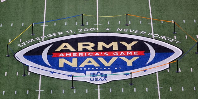 The Army/Navy logo at midfield prior to the 122nd Army/Navy college football game between the Army Black Knights and the Navy Midshipmen on December 11, 2021, at MetLife Stadium in East Rutherford, NJ. 