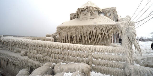 Ice covers Hoak's restaurant along the shores of Lake Erie on December 24, 2022, in Hamburg, New York.