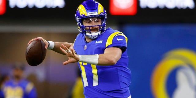 Baker Mayfield #17 of the Los Angeles Rams passes the ball against the Las Vegas Raiders during the first quarter at SoFi Stadium on December 08, 2022 in Inglewood, California.
