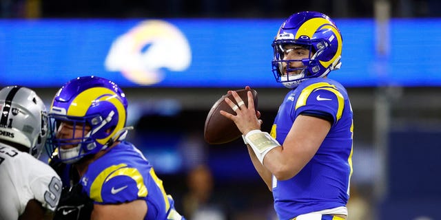 Baker Mayfield #17 of the Los Angeles Rams looks to pass against the Las Vegas Raiders during the first quarter at SoFi Stadium on December 8, 2022, in Inglewood, California.