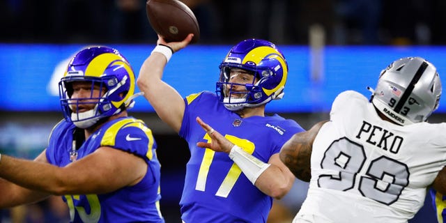 Baker Mayfield #17 of the Los Angeles Rams passes the ball against the Las Vegas Raiders during the first quarter at SoFi Stadium on December 8, 2022, in Inglewood, California.