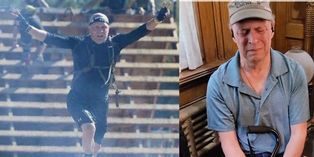 Above left, Schartel is shown during an extreme sporting event pre-diagnosis. On the right, Schartel suffering the spasms and pain of SPS.