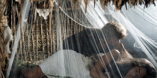 Christopher Atkins smells Brooke Shields hair while she is sleeping in a scene from the film "Blue Lagoon," 1980.