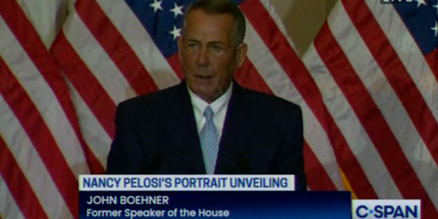 Former House Speaker John Boehner cries during his tribute to current House Speaker Nancy Pelosi, D-Calif.