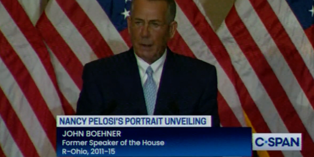 Former House Speaker John Boehner cries during his tribute to current House Speaker Nancy Pelosi, D-Calif.