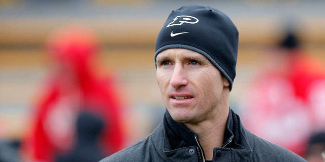 Former Boilermaker and New Orleans Saints quarterback Drew Brees watches a game between the Wisconsin Badgers and Purdue Boilermakers Nov. 19, 2016, at the Ross-Ade Stadium, West Lafayette, Ind.