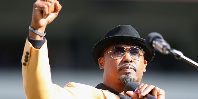 Hall of Famer Brian Dawkins speaks after being given his Hall of Fame ring during a halftime presentation at Lincoln Financial Field Oct. 21, 2018, in Philadelphia. 