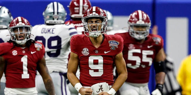 Alabama quarterback Bryce Young (9) reacts after throwing a touchdown pass during the first half of the Sugar Bowl NCAA college football game against Kansas State Saturday, Dec. 31, 2022, in New Orleans. 