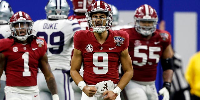 Alabama quarterback Bryce Young (9) reacts after throwing a touchdown pass during the first half of the Sugar Bowl NCAA college football game against Kansas State Saturday, Dec. 31, 2022, in New Orleans. 