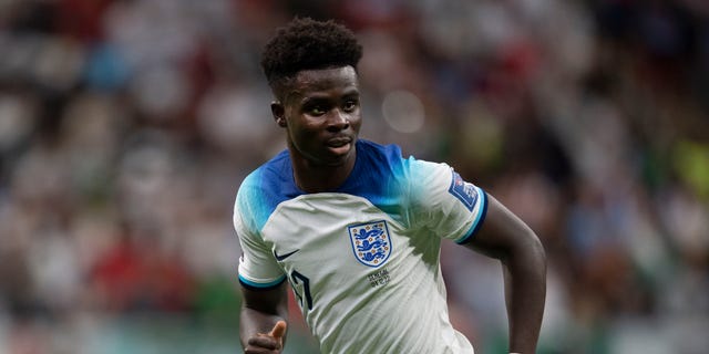 Bukayo Saka of England in action during the FIFA World Cup Qatar 2022 Round of 16 match between England and Senegal at Al Bayt Stadium on December 4, 2022 in Al Khor, Qatar.
