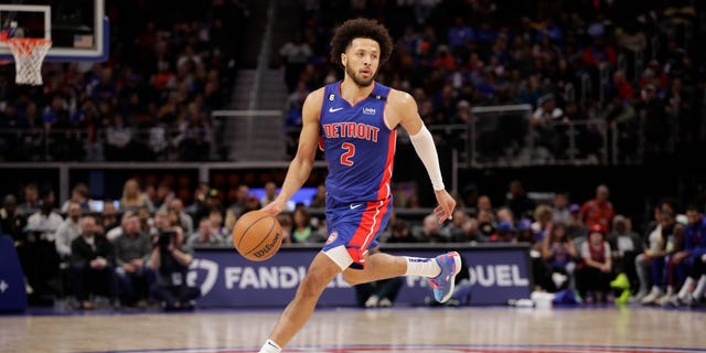 Cade Cunningham of the Detroit Pistons moves the ball against the Oklahoma City Thunder on November 7, 2022, at Little Caesars Arena in Detroit.