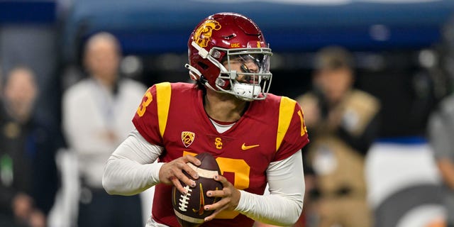 Caleb Williams of the USC Trojans stands in the pocket during the third quarter of the PAC-12 Championship football game against the Utah Utes at Allegiant Stadium on December 2, 2022 in Las Vegas.