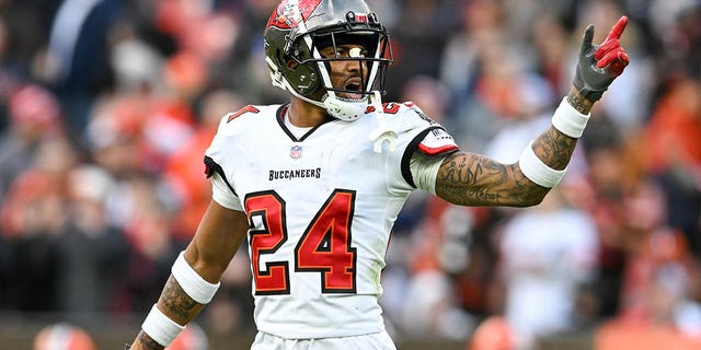 Carlton Davis III of the Tampa Bay Buccaneers reacts during the second half against the Cleveland Browns at FirstEnergy Stadium Nov. 27, 2022, in Cleveland. 