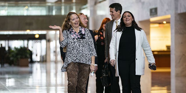 Carole Baskin, founder and CEO of Big Cat Rescue, gestures while arriving for a meeting with Sen. Chuck Grassley, R-Iowa, on Capitol Hill in Washington, D.C., on March 2, 2022.