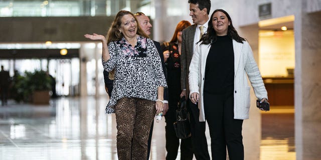Carole Baskin, founder and chief executive officer of Big Cat Rescue, left, gestures while arriving for a meeting with Iowa Senator Chuck Grassley on Capitol Hill in Washington, D.C., March 2, 2022.