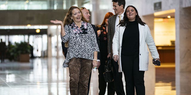 Carole Baskin, founder and chief executive officer of Big Cat Rescue, left, gestures while arriving for a meeting with Iowa Senator Chuck Grassley on Capitol Hill in Washington, D.C., March 2, 2022. 