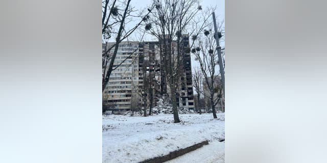 Bombed-out residential buildings in Kharkiv, December 2022.
