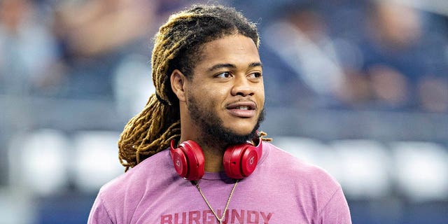 Chase Young of the Washington Commanders on the field before a game against the Dallas Cowboys at AT and T Stadium Oct. 2, 2022, in Arlington, Texas. The Cowboys defeated the Commanders 25-10.