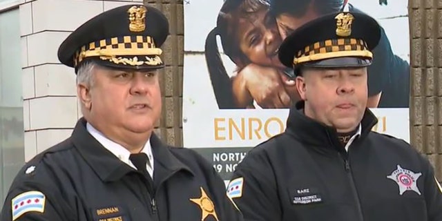 Chicago police speak to reporters about a shooting that left three dead and one wounded outside a bar on West School Street early Sunday.
