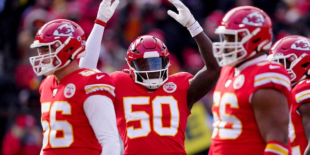 Willie Gay #50 of the Kansas City Chiefs pumps up the crowd during the third quarter against the Seattle Seahawks at Arrowhead Stadium on December 24, 2022, in Kansas City, Missouri. 