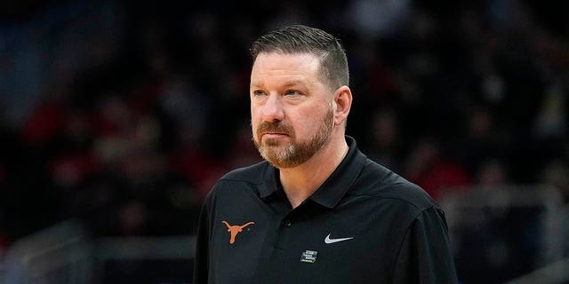 Head coach Chris Beard of the Texas Longhorns during the Virginia Tech Hokies game at Fiserv Forum on March 18, 2022, in Milwaukee, Wisconsin.