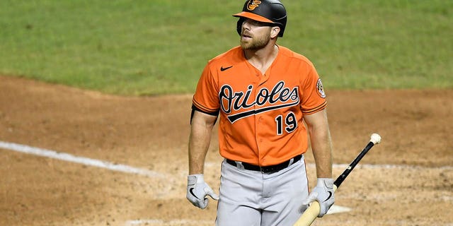 Chris Davis of the Baltimore Orioles walks to the dugout after striking out in the eighth inning against the Washington Nationals at Nationals Park on August 8, 2020, in Washington, DC