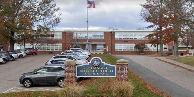 A Google Earth image shows the exterior of Cohasset Middle-High School in Cohasset, Mass.